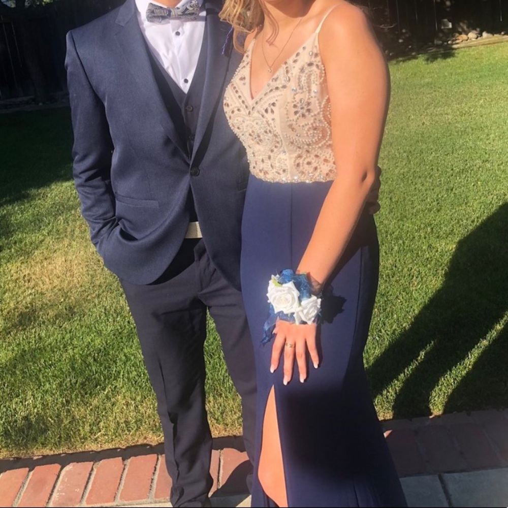 off white beaded and navy prom dress!!